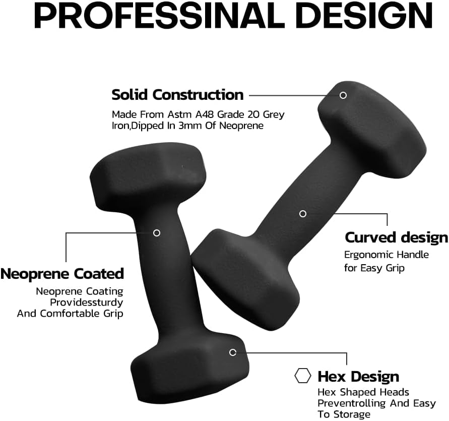 Neoprene Dumbbell Weights, Pair of Dumbbells for Home Gym, Sweat Resistant Non-Slip Hand Weights Set 2 X 1KG, 2KG, 3KG, 4KG, 5KG for Pilates, Aerobics, Strength Training