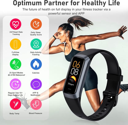 Fitness Tracker with 24/7 Heart Rate, Blood Oxygen Blood Pressure Sleep Monitor, Activity Trackers IP68 Waterproof,Step Counter Calorie Pedometer Health Smart Watch for Women Men (Black)