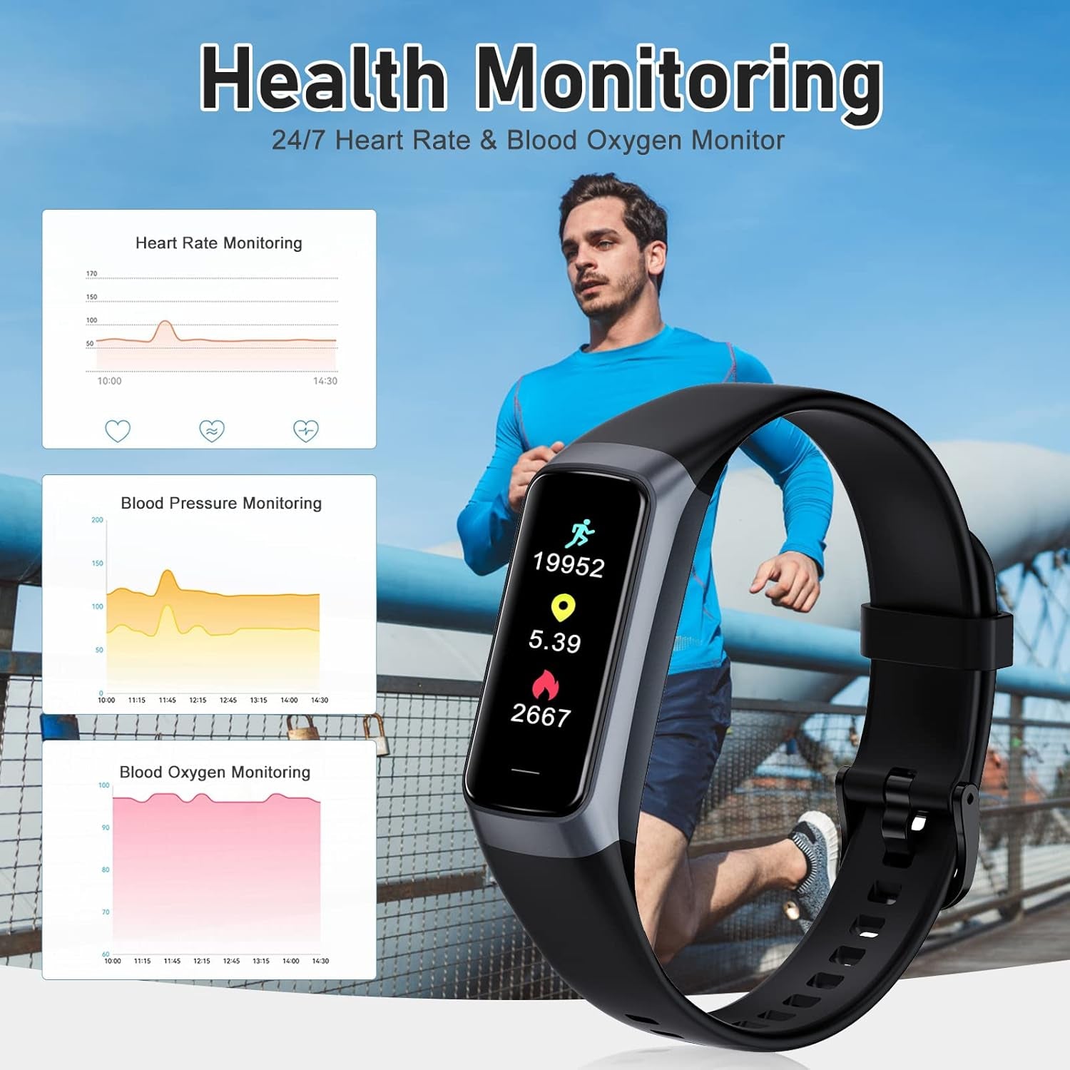 Fitness Tracker with 24/7 Heart Rate, Blood Oxygen Blood Pressure Sleep Monitor, Activity Trackers IP68 Waterproof,Step Counter Calorie Pedometer Health Smart Watch for Women Men (Black)